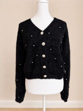 ARULA Black Pearl-Button Fuzzy V-Neck Cardigan